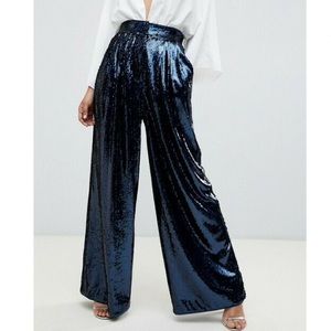 ASOS EDITION high waisted sequin wide leg pants trousers blue size 2